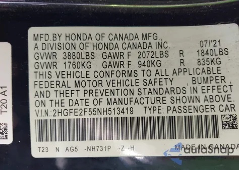 2022 Honda Civic Sport from USA, damaged, VIN 2HGFE2F55NH513419